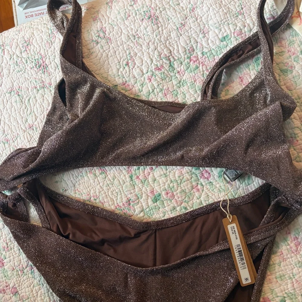 SKIMS Signature Swim Cut-Out Monokini Metallic Glitter Jasper Brown 3X NWT
